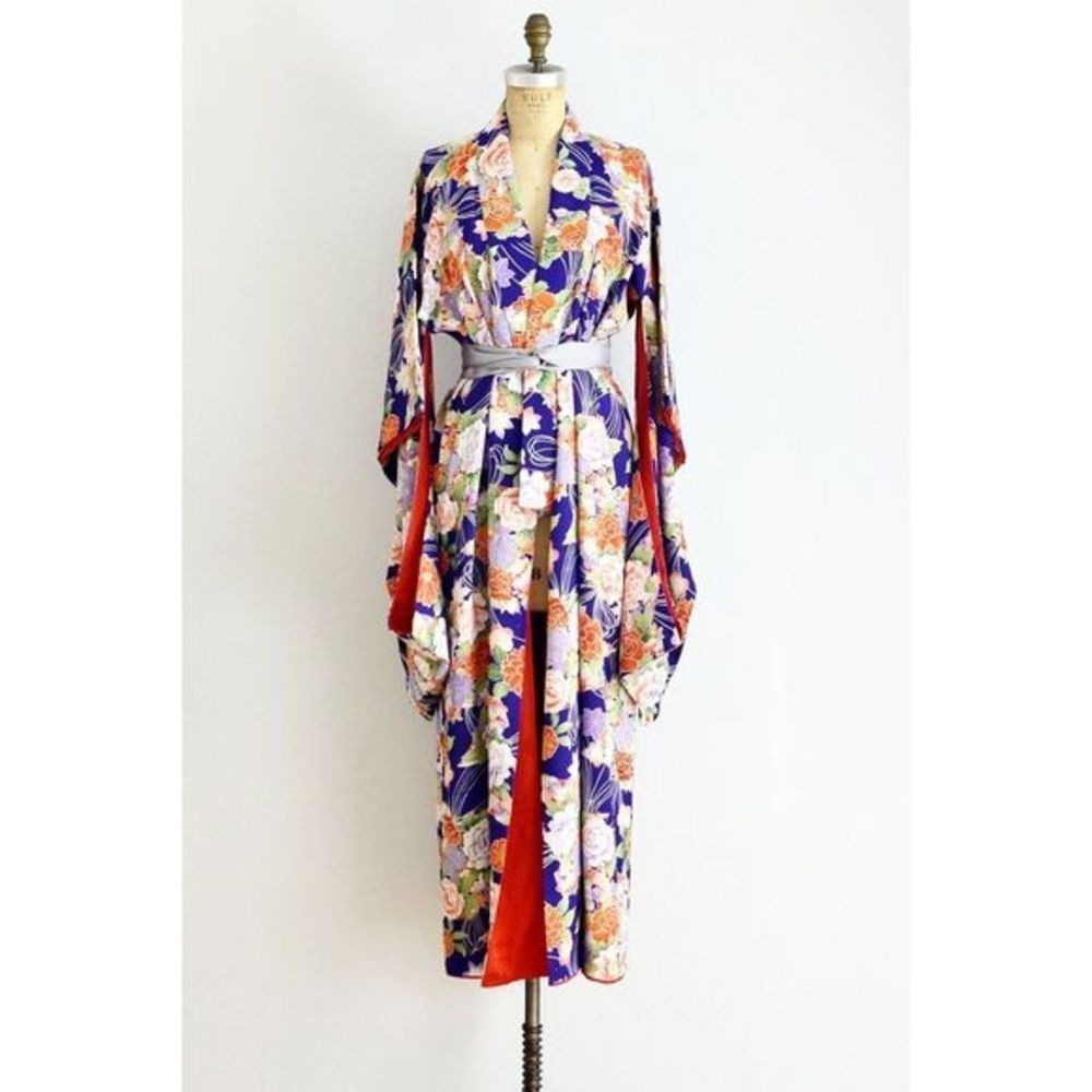 Vintage Japanese Yukata Purple Navy Green Retro floral kimono NO Sash